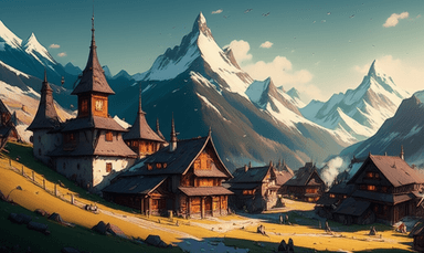 Mountain landscape with traditional architecture